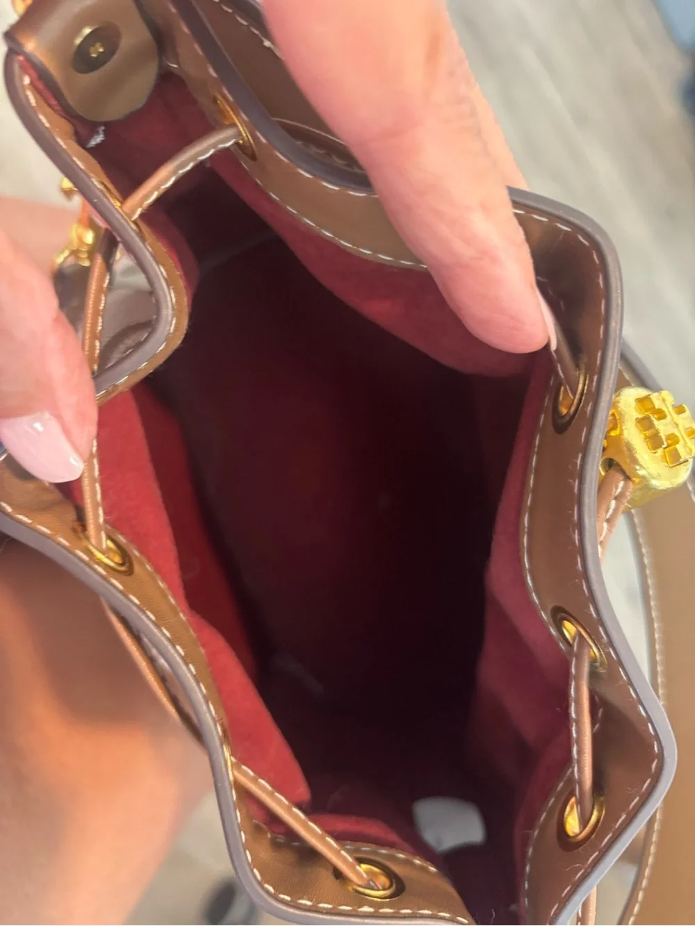 Tory Burch Beige and Brown Logo Canvas Drawstring Mini Bucket Bag